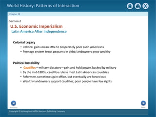 Copyright © by Houghton Mifflin Harcourt Publishing Company
Next
Previous
Chapter 28
World History: Patterns of Interaction
Political Instability
• Caudillos—military dictators—gain and hold power, backed by military
• By the mid-1800s, caudillos rule in most Latin American countries
• Reformers sometimes gain office, but eventually are forced out
• Wealthy landowners support caudillos; poor people have few rights
Section-2
U.S. Economic Imperialism
Latin America After Independence
Colonial Legacy
• Political gains mean little to desperately poor Latin Americans
• Peonage system keeps peasants in debt; landowners grow wealthy
 
