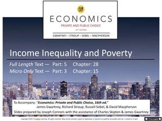 Copyright ©2017 Cengage Learning. All rights reserved. May not be scanned, copied or duplicated, or posted to a publicly accessible web site, in whole or in part. First page
To Accompany: “Economics: Private and Public Choice, 16th ed.”
James Gwartney, Richard Stroup, Russell Sobel, & David Macpherson
Slides prepared by Joseph Connors with the assistance of Charles Skipton & James Gwartney
GWARTNEY – STROUP – SOBEL – MACPHERSON
16TH EDITION
PRIVATE AND PUBLIC CHOICE
Full Length Text —
Micro Only Text —
Part: 5
Part: 3
Chapter: 28
Chapter: 15
Income Inequality and Poverty
 