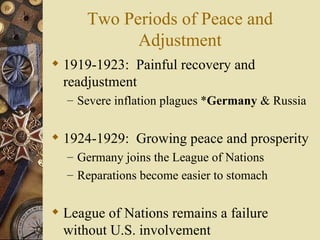 Two Periods of Peace and
            Adjustment
 1919-1923: Painful recovery and
  readjustment
  – Severe inflation plagues *Germany & Russia


 1924-1929: Growing peace and prosperity
  – Germany joins the League of Nations
  – Reparations become easier to stomach


 League of Nations remains a failure
  without U.S. involvement
 