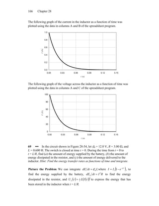 Chapter 28166
The following graph of the current in the inductor as a function of time was
plotted using the data in columns A and B of the spreadsheet program.
0.0
0.2
0.4
0.6
0.8
1.0
0.00 0.03 0.06 0.09 0.12 0.15
t (s)
I(A)
The following graph of the voltage across the inductor as a function of time was
plotted using the data in columns A and C of the spreadsheet program.
0
20
40
60
80
100
0.00 0.03 0.06 0.09 0.12 0.15
t (s)
V(V)
69 ••• In the circuit shown in Figure 28-54, let ε0 = 12.0 V, R = 3.00 Ω, and
L = 0.600 H. The switch is closed at time t = 0. During the time from t = 0 to
t = L/R, find (a) the amount of energy supplied by the battery, (b) the amount of
energy dissipated in the resistor, and (c) the amount of energy delivered to the
inductor. Hint: Find the energy transfer rates as functions of time and integrate.
Picture the Problem We can integrate I,dtdE 0ε= where ( )τt
eII −
−= 1f , to
find the energy supplied by the battery, RIdtdE 2
J = to find the energy
dissipated in the resistor, and ( ) ( )( )2
2
1
ττ ILUL = to express the energy that has
been stored in the inductor when t = L/R.
 