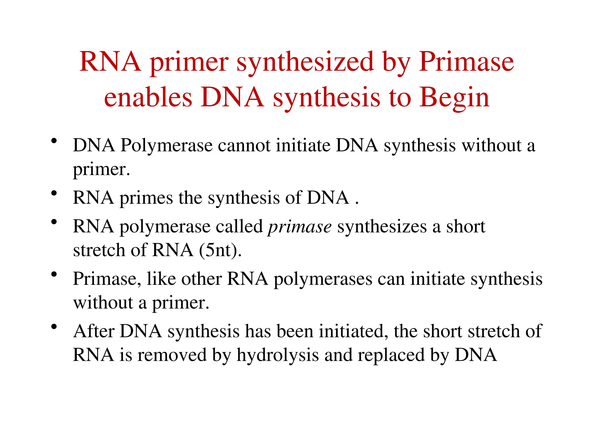 RNA primer synthesized by Primase
enables DNA synthesis to Begin
• DNA Polymerase cannot initiate DNA synthesis without a
primer.
• RNA primes the synthesis of DNA .
• RNA polymerase called primase synthesizes a short
stretch of RNA (5nt).
• Primase, like other RNA polymerases can initiate synthesis
without a primer.
• After DNA synthesis has been initiated, the short stretch of
RNA is removed by hydrolysis and replaced by DNA
 