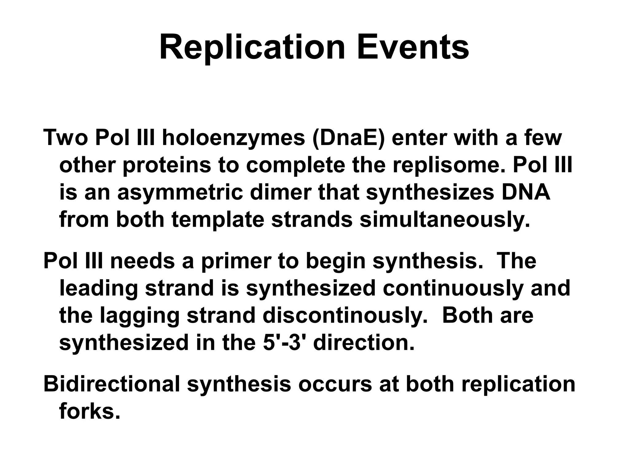 Replication Events
Two Pol III holoenzymes (DnaE) enter with a few
other proteins to complete the replisome. Pol III
is an asymmetric dimer that synthesizes DNA
from both template strands simultaneously.
Pol III needs a primer to begin synthesis. The
leading strand is synthesized continuously and
the lagging strand discontinously. Both are
synthesized in the 5'-3' direction.
Bidirectional synthesis occurs at both replication
forks.
 