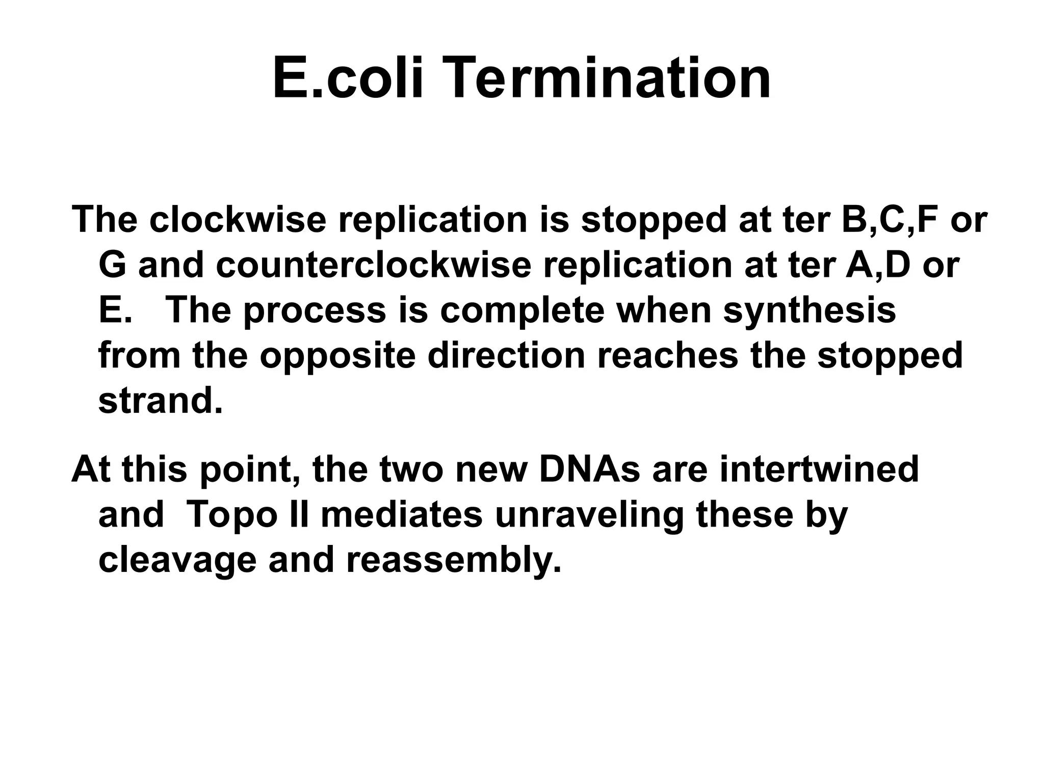 E.coli Termination
The clockwise replication is stopped at ter B,C,F or
G and counterclockwise replication at ter A,D or
E. The process is complete when synthesis
from the opposite direction reaches the stopped
strand.
At this point, the two new DNAs are intertwined
and Topo II mediates unraveling these by
cleavage and reassembly.
 