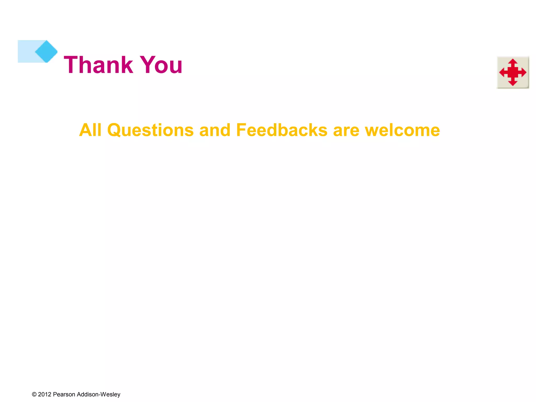 Thank You

               All Questions and Feedbacks are welcome




© 2012 Pearson Addison-Wesley
 