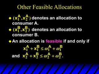 Other Feasible Allocations
 denotes an allocation to
consumer A.
 denotes an allocation to
consumer B.
An allocation is feasible if and only if
( , )
x x
A A
1 2
( , )
x x
B B
1 2
x x
A B A B
1 1 1 1
  
 
x x
A B A B
2 2 2 2
  
  .
and
 