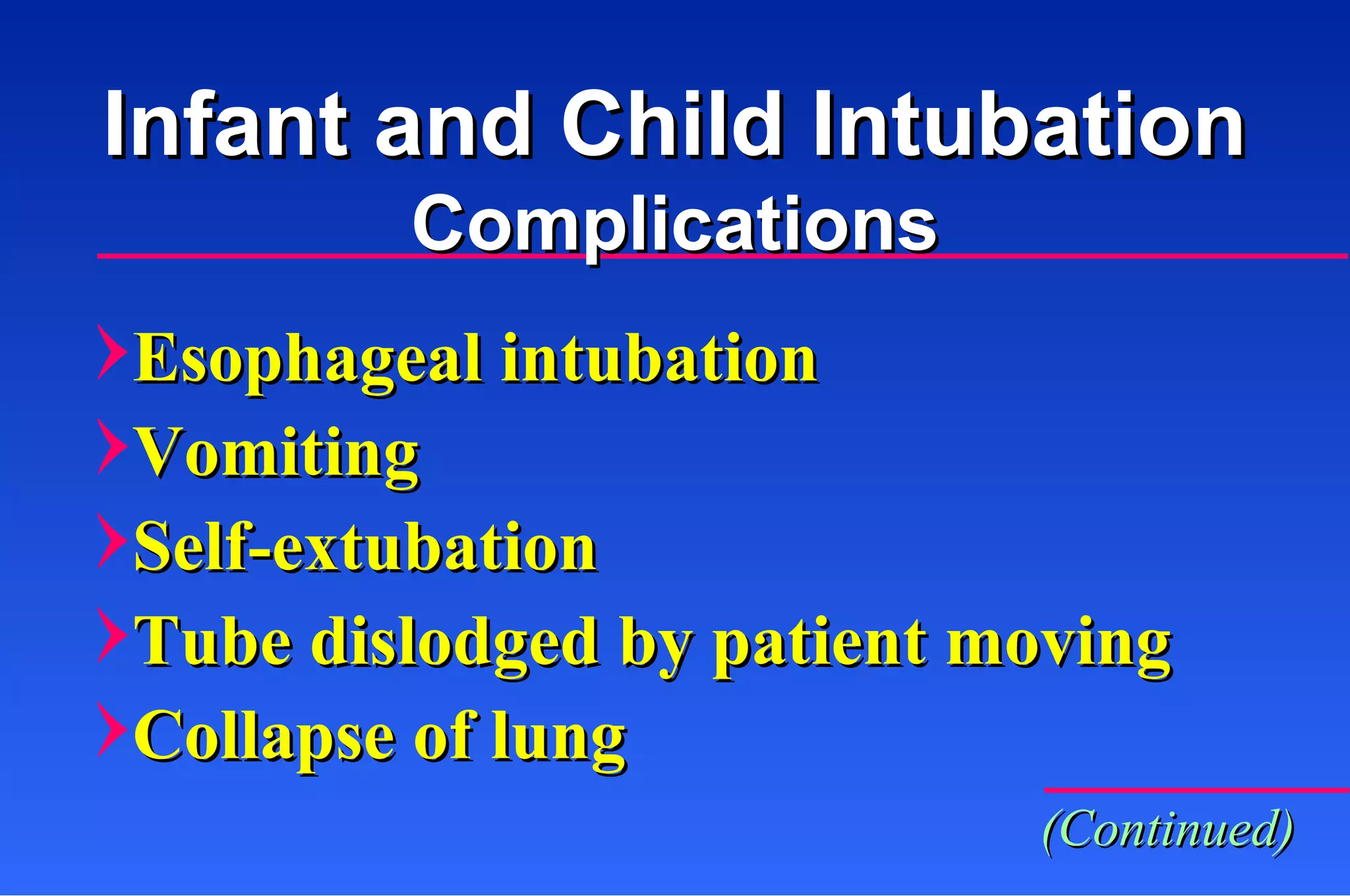 Esophageal intubation Vomiting Self-extubation Tube dislodged by patient moving Collapse of lung Infant and Child Intubation Complications (Continued) 