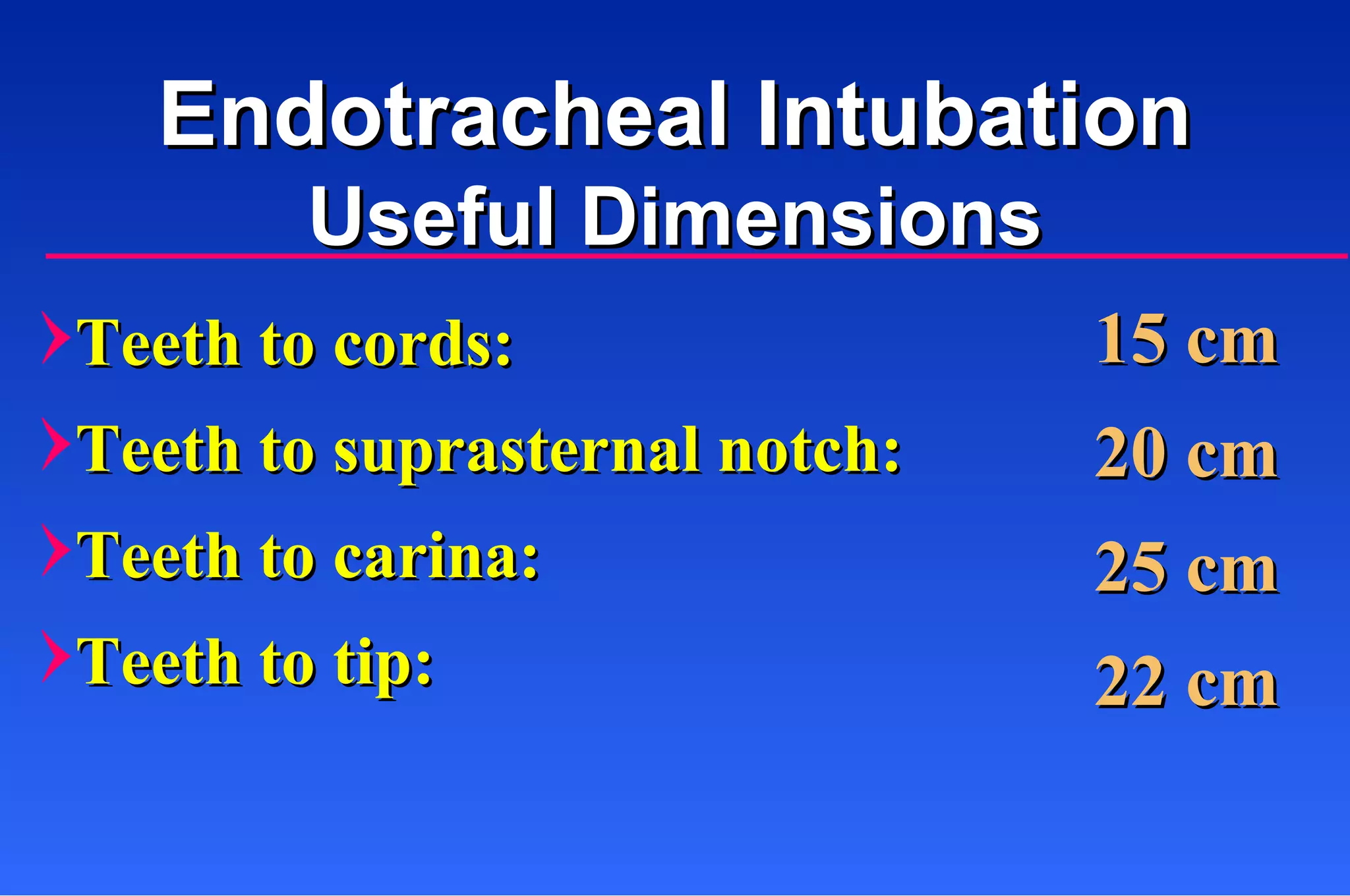Teeth to cords: Teeth to suprasternal notch: Teeth to carina: Teeth to tip: 15 cm 20 cm 25 cm 22 cm Endotracheal Intubation Useful Dimensions 