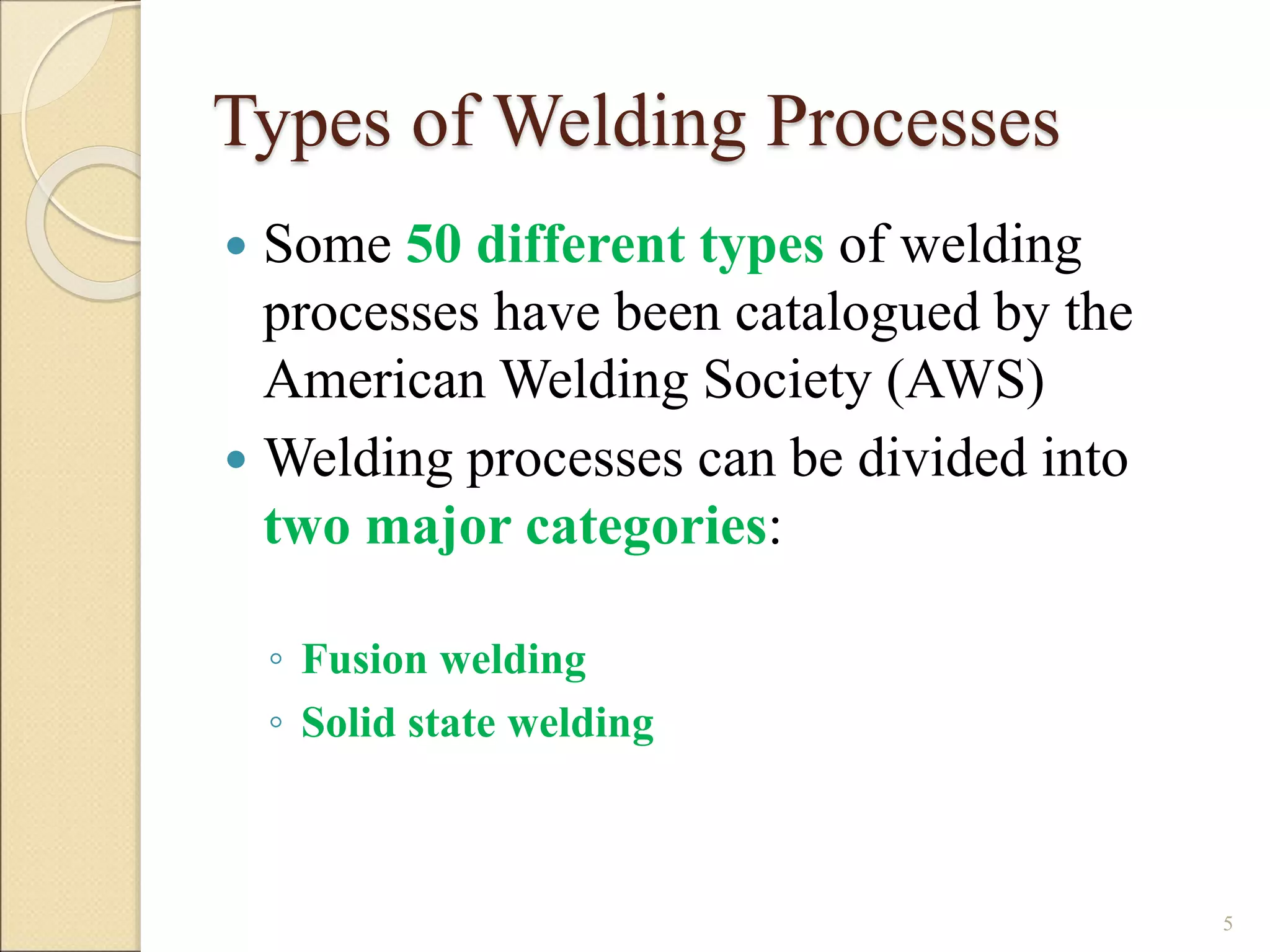 Types of Welding Processes
 Some 50 different types of welding
processes have been catalogued by the
American Welding Society (AWS)
 Welding processes can be divided into
two major categories:
◦ Fusion welding
◦ Solid state welding
5
 