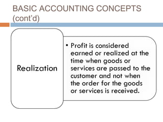 BASIC ACCOUNTING CONCEPTS
(cont’d)
 