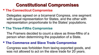 • The Connecticut Compromise
Delegates agreed on a bicameral Congress, one segment
with equal representation for States, and the other with
representation proportionate to the States’ populations.
• The Three-Fifths Compromise
The Framers decided to count a slave as three-fifths of a
person when determining the population of a State.
• The Commerce and Slave Trade Compromise
Congress was forbidden from taxing exported goods, and
was not allowed to act on the slave trade for 20 years.
 