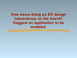 How about doing an ER design
interactively on the board?
Suggest an application to be
modeled.

 
