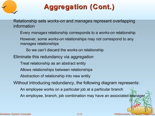 Aggregation (Cont.)
Relationship sets works-on and manages represent overlapping
information
Every manages relationship corresponds to a works-on relationship
However, some works-on relationships may not correspond to any
manages relationships
So we can’t discard the works-on relationship

Eliminate this redundancy via aggregation
Treat relationship as an abstract entity
Allows relationships between relationships
Abstraction of relationship into new entity

Without introducing redundancy, the following diagram represents:
An employee works on a particular job at a particular branch
An employee, branch, job combination may have an associated manager

Database System Concepts

2.13

©Silberschatz, Korth and Sudarshan

 