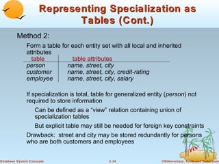 Representing Specialization as
Tables (Cont.)
Method 2:
Form a table for each entity set with all local and inherited
attributes
table
table attributes
person
name, street, city
customer
name, street, city, credit-rating
employee
name, street, city, salary
If specialization is total, table for generalized entity (person) not
required to store information
Can be defined as a “view” relation containing union of
specialization tables
But explicit table may still be needed for foreign key constraints
Drawback: street and city may be stored redundantly for persons
who are both customers and employees

Database System Concepts

2.34

©Silberschatz, Korth and Sudarshan

 