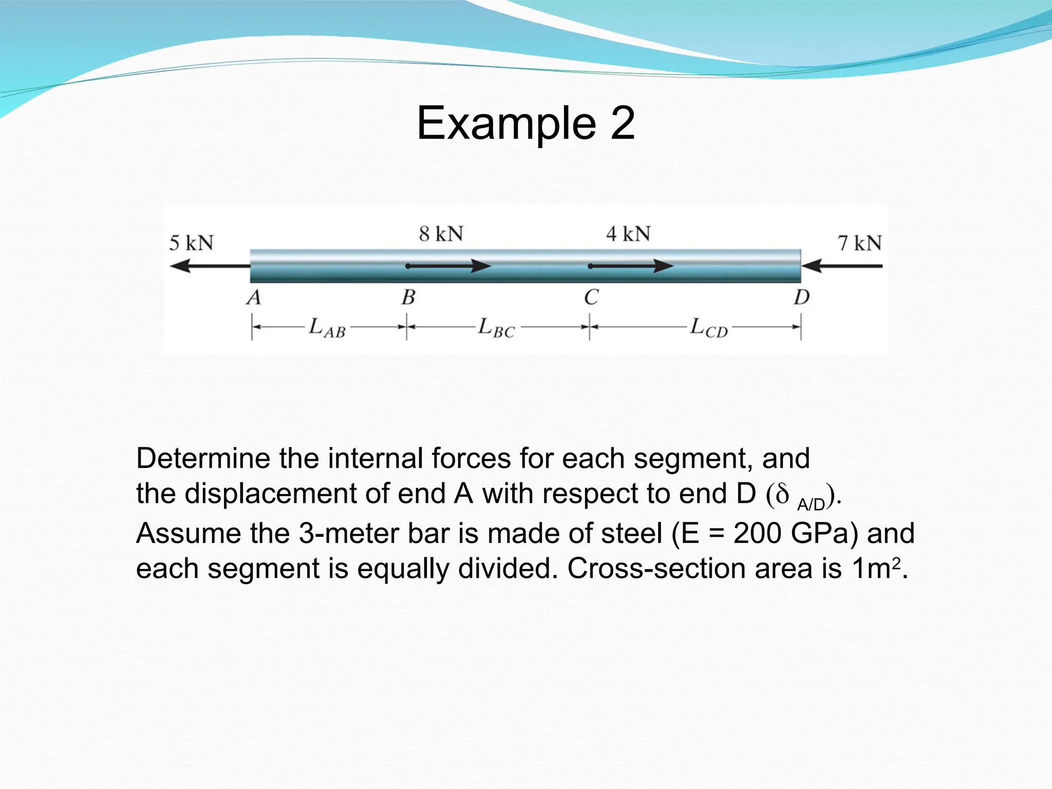 Example 2
Determine the internal forces for each segment, and
the displacement of end A with respect to end D ( A/D).
Assume the 3-meter bar is made of steel (E = 200 GPa) and
each segment is equally divided. Cross-section area is 1m2
.
 
