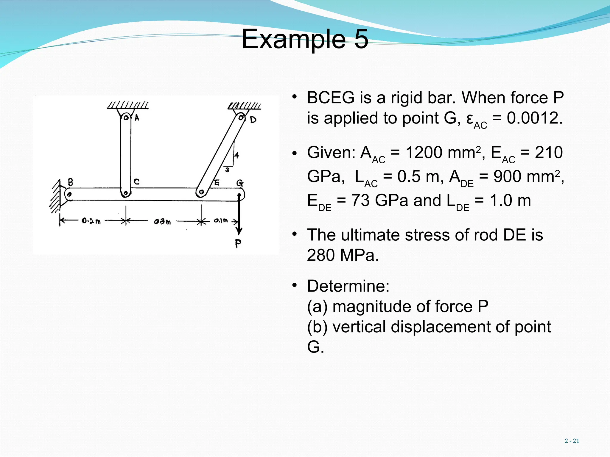 2 - 21
Example 5
• BCEG is a rigid bar. When force P
is applied to point G, εAC
= 0.0012.
• Given: AAC
= 1200 mm2
, EAC
= 210
GPa, LAC
= 0.5 m, ADE
= 900 mm2
,
EDE
= 73 GPa and LDE
= 1.0 m
• The ultimate stress of rod DE is
280 MPa.
• Determine:
(a) magnitude of force P
(b) vertical displacement of point
G.
 