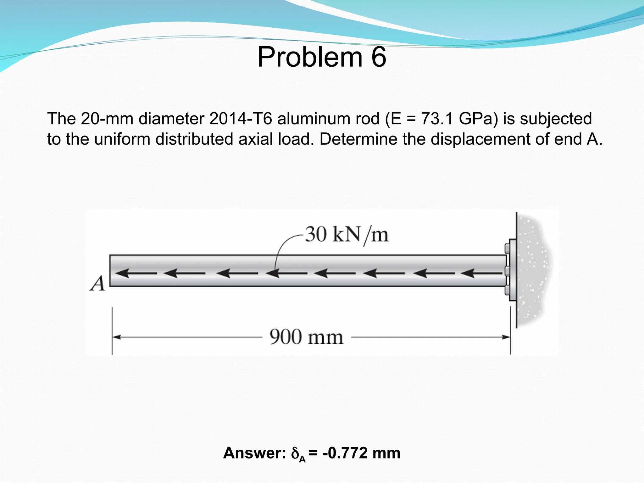 Problem 6
The 20-mm diameter 2014-T6 aluminum rod (E = 73.1 GPa) is subjected
to the uniform distributed axial load. Determine the displacement of end A.
Answer: δA = -0.772 mm
 