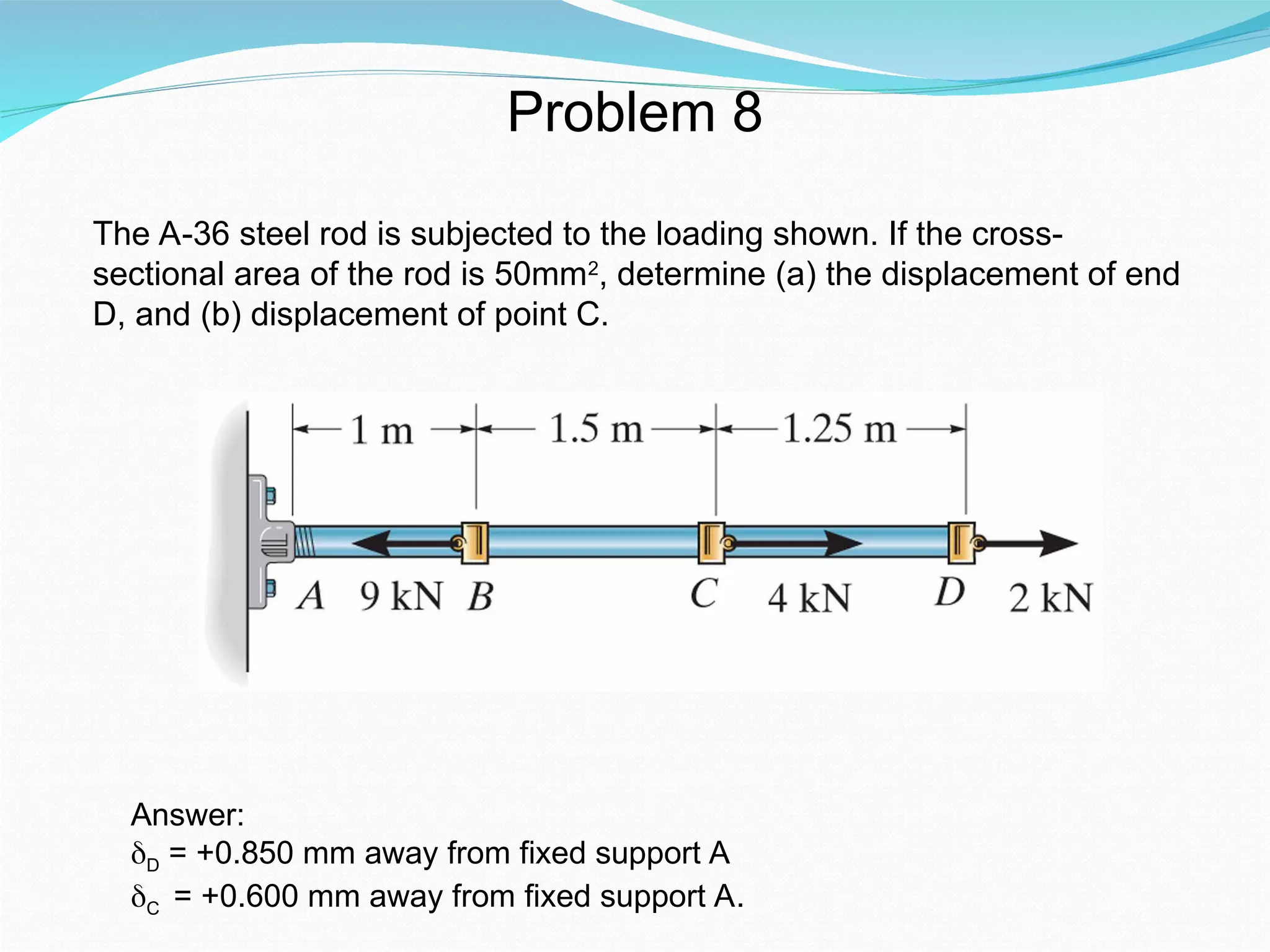 Problem 8
The A-36 steel rod is subjected to the loading shown. If the cross-
sectional area of the rod is 50mm2
, determine (a) the displacement of end
D, and (b) displacement of point C.
Answer:
δD = +0.850 mm away from fixed support A
δC = +0.600 mm away from fixed support A.
 