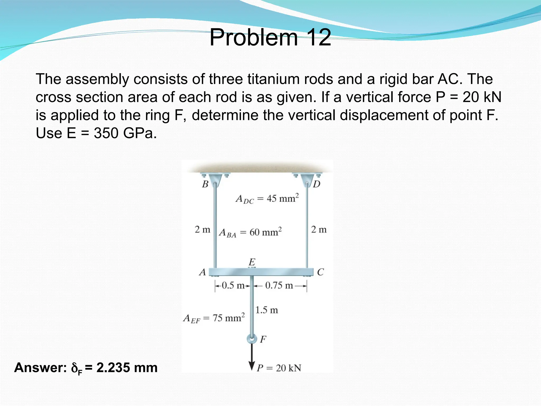 Problem 12
The assembly consists of three titanium rods and a rigid bar AC. The
cross section area of each rod is as given. If a vertical force P = 20 kN
is applied to the ring F, determine the vertical displacement of point F.
Use E = 350 GPa.
Answer: δF = 2.235 mm
 