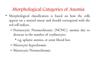 Morphological Categories of Anemia
• Morphological classification is based on how the cells
appear on a stained smear and should correspond with the
red cell indices.
– Normocytic Normochromic (NCNC): anemia due to
decrease in the number of erythrocytes
• e.g. aplastic anemia, or acute blood loss
– Microcytic hypochromic
– Macrocytic Normochromic
 