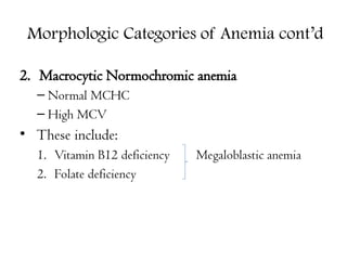 Morphologic Categories of Anemia cont’d
2. Macrocytic Normochromic anemia
– Normal MCHC
– High MCV
• These include:
1. Vitamin B12 deficiency Megaloblastic anemia
2. Folate deficiency
 