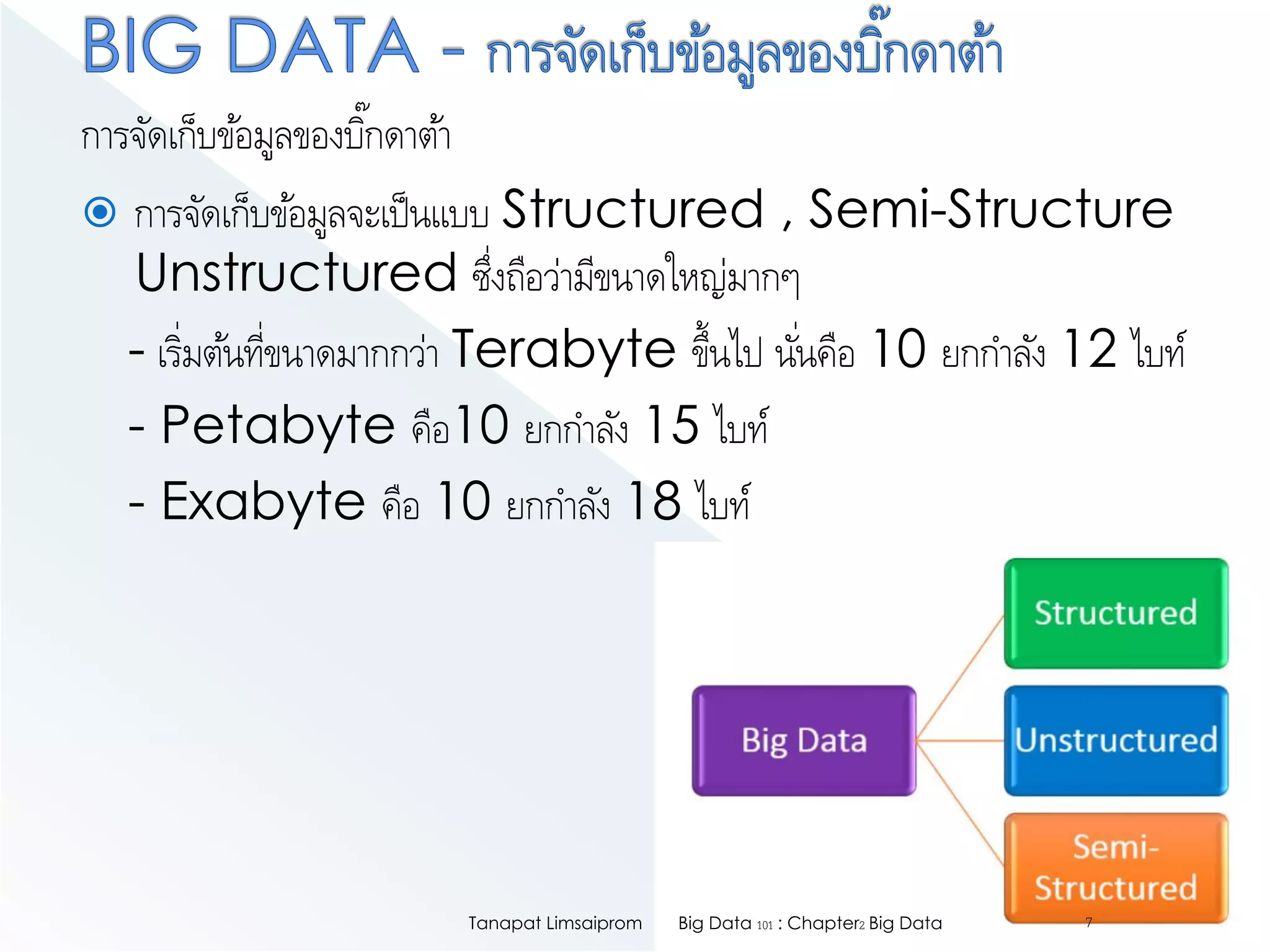 การจัดเก็บข้อมูลของบิ๊กดาต้า
 การจัดเก็บข้อมูลจะเป็นแบบ Structured , Semi-Structure
Unstructured ซึ่งถือว่ามีขนาดใหญ่มากๆ
- เริ่มต้นที่ขนาดมากกว่า Terabyte ขึ้นไป นั่นคือ 10 ยกกาลัง 12 ไบท์
- Petabyte คือ10 ยกกาลัง 15 ไบท์
- Exabyte คือ 10 ยกกาลัง 18 ไบท์
Big Data 101 : Chapter2 Big DataTanapat Limsaiprom 7
 