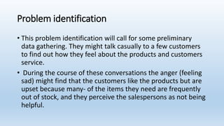 Problem identification
• This problem identification will call for some preliminary
data gathering. They might talk casually to a few customers
to find out how they feel about the products and customers
service.
• During the course of these conversations the anger (feeling
sad) might find that the customers like the products but are
upset because many- of the items they need are frequently
out of stock, and they perceive the salespersons as not being
helpful.
 