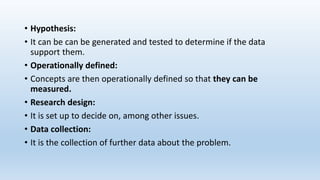 • Hypothesis:
• It can be can be generated and tested to determine if the data
support them.
• Operationally defined:
• Concepts are then operationally defined so that they can be
measured.
• Research design:
• It is set up to decide on, among other issues.
• Data collection:
• It is the collection of further data about the problem.
 