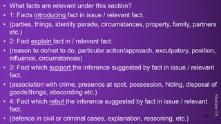 Khakare
VS
• What facts are relevant under this section?
• 1: Facts introducing fact in issue / relevant fact.
• (parties, things, identity parade, circumstances, property, family, partners
etc.)
• 2: Fact explain fact in / relevant fact.
• (reason to do/not to do, particular action/approach, exculpatory, position,
influence, circumstances)
• 3: Fact which support the inference suggested by fact in issue / relevant
fact.
• (association with crime, presence at spot, possession, hiding, disposal of
goods/things, absconding etc.)
• 4: Fact which rebut the inference suggested by fact in issue / relevant
fact.
• (defence in civil or criminal cases, explanation, reasoning, etc.)
28
 