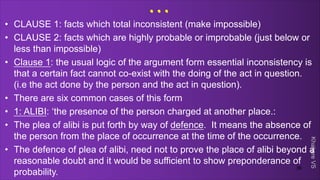 Khakare
VS
...
• CLAUSE 1: facts which total inconsistent (make impossible)
• CLAUSE 2: facts which are highly probable or improbable (just below or
less than impossible)
• Clause 1: the usual logic of the argument form essential inconsistency is
that a certain fact cannot co-exist with the doing of the act in question.
(i.e the act done by the person and the act in question).
• There are six common cases of this form
• 1: ALIBI: ‘the presence of the person charged at another place.:
• The plea of alibi is put forth by way of defence. It means the absence of
the person from the place of occurrence at the time of the occurrence.
• The defence of plea of alibi, need not to prove the place of alibi beyond a
reasonable doubt and it would be sufficient to show preponderance of
probability.
36
 