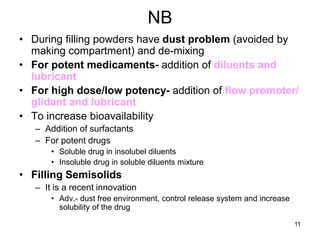 NB
• During filling powders have dust problem (avoided by
making compartment) and de-mixing
• For potent medicaments- addition of diluents and
lubricant
• For high dose/low potency- addition of flow promoter/
glidant and lubricant
• To increase bioavailability
– Addition of surfactants
– For potent drugs
• Soluble drug in insolubel diluents
• Insoluble drug in soluble diluents mixture
• Filling Semisolids
– It is a recent innovation
• Adv.- dust free environment, control release system and increase
solubility of the drug
11
 
