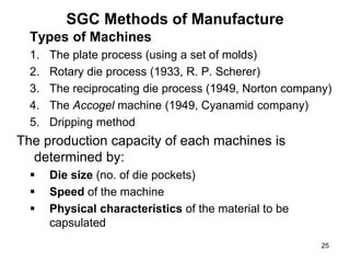 SGC Methods of Manufacture
Types of Machines
1. The plate process (using a set of molds)
2. Rotary die process (1933, R. P. Scherer)
3. The reciprocating die process (1949, Norton company)
4. The Accogel machine (1949, Cyanamid company)
5. Dripping method
The production capacity of each machines is
determined by:
 Die size (no. of die pockets)
 Speed of the machine
 Physical characteristics of the material to be
capsulated
25
 