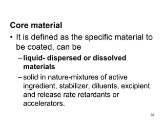 Core material
• It is defined as the specific material to
be coated, can be
–liquid- dispersed or dissolved
materials
–solid in nature-mixtures of active
ingredient, stabilizer, diluents, excipient
and release rate retardants or
accelerators.
35
 