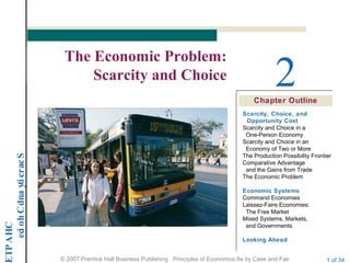 CHAPTE
ScarcityandChoice
© 2007 Prentice Hall Business Publishing Principles of Economics 8e by Case and Fair 1 of 34
Chapter Outline
2
The Economic Problem:
Scarcity and Choice
Scarcity, Choice, and
Opportunity Cost
Scarcity and Choice in a
One-Person Economy
Scarcity and Choice in an
Economy of Two or More
The Production Possibility Frontier
Comparative Advantage
and the Gains from Trade
The Economic Problem
Economic Systems
Command Economies
Laissez-Faire Economies:
The Free Market
Mixed Systems, Markets,
and Governments
Looking Ahead
 