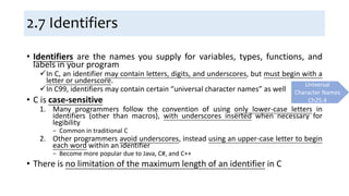 2.7 Identifiers
• Identifiers are the names you supply for variables, types, functions, and
labels in your program
In C, an identifier may contain letters, digits, and underscores, but must begin with a
letter or underscore.
In C99, identifiers may contain certain “universal character names” as well
• C is case-sensitive
1. Many programmers follow the convention of using only lower-case letters in
identifiers (other than macros), with underscores inserted when necessary for
legibility
− Common in traditional C
2. Other programmers avoid underscores, instead using an upper-case letter to begin
each word within an identifier
− Become more popular due to Java, C#, and C++
• There is no limitation of the maximum length of an identifier in C
Universal
Character Names
Ch25.4
 