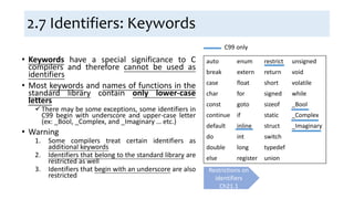 2.7 Identifiers: Keywords
• Keywords have a special significance to C
compilers and therefore cannot be used as
identifiers
• Most keywords and names of functions in the
standard library contain only lower-case
letters
There may be some exceptions, some identifiers in
C99 begin with underscore and upper-case letter
(ex: _Bool, _Complex, and _Imaginary … etc.)
• Warning
1. Some compilers treat certain identifiers as
additional keywords
2. Identifiers that belong to the standard library are
restricted as well
3. Identifiers that begin with an underscore are also
restricted
auto enum restrict unsigned
break extern return void
case float short volatile
char for signed while
const goto sizeof _Bool
continue if static _Complex
default inline struct _Imaginary
do int switch
double long typedef
else register union
C99 only
Restrictions on
identifiers
Ch21.1
 