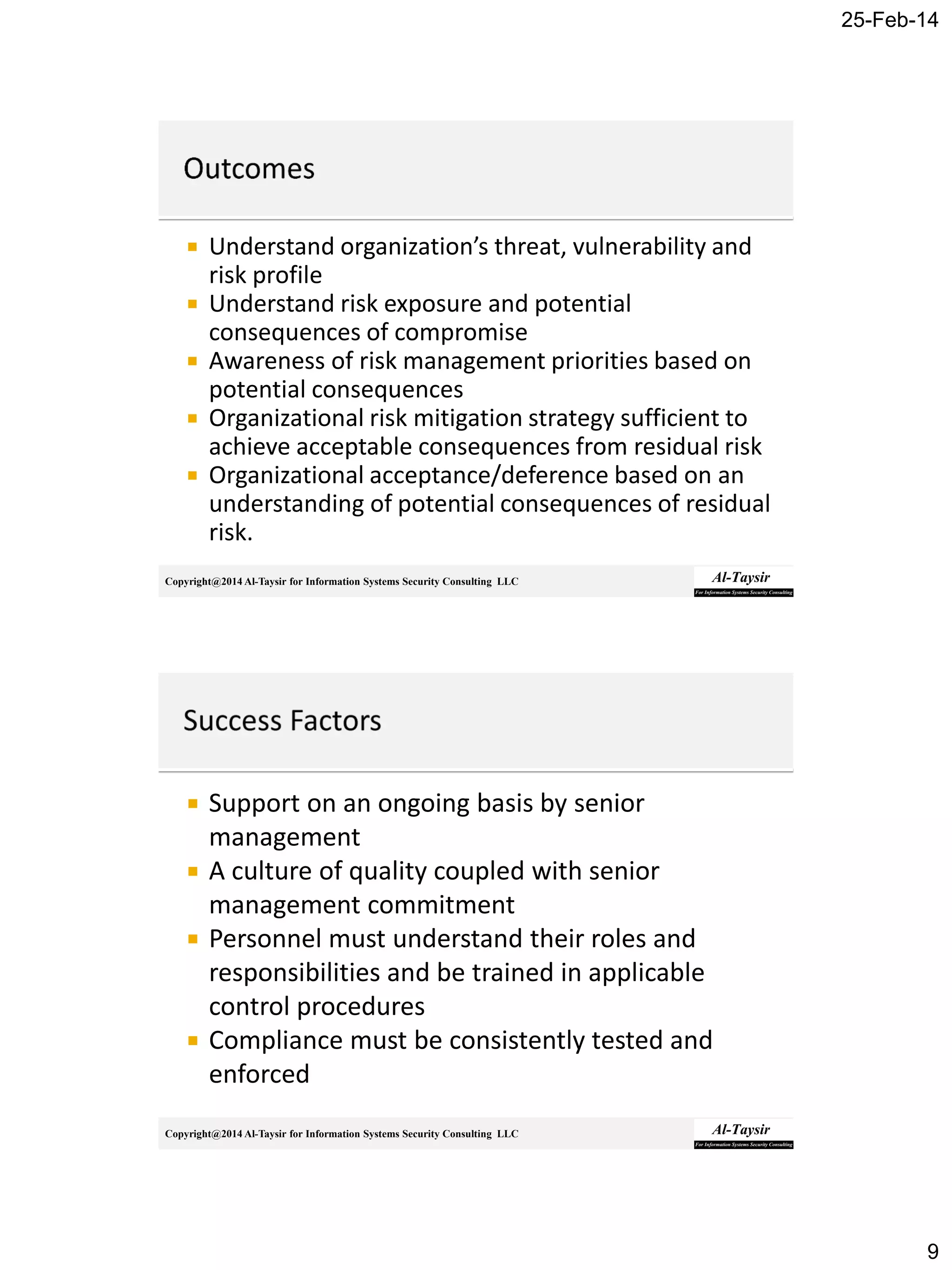 25-Feb-14
9
Copyright@2014 Al-Taysir for Information Systems Security Consulting LLC
 Understand organization’s threat, vulnerability and
risk profile
 Understand risk exposure and potential
consequences of compromise
 Awareness of risk management priorities based on
potential consequences
 Organizational risk mitigation strategy sufficient to
achieve acceptable consequences from residual risk
 Organizational acceptance/deference based on an
understanding of potential consequences of residual
risk.
Copyright@2014 Al-Taysir for Information Systems Security Consulting LLC
 Support on an ongoing basis by senior
management
 A culture of quality coupled with senior
management commitment
 Personnel must understand their roles and
responsibilities and be trained in applicable
control procedures
 Compliance must be consistently tested and
enforced
 