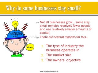  Not all businesses grow… some stay
small (employ relatively fewer people
and use relatively smaller amounts of
capital)
 There are several reasons for this…
1. The type of industry the
business operates in
2. The market size
3. The owners’ objective
www.igcsebusiness.co.uk
www.igcsebusiness.co.uk
 