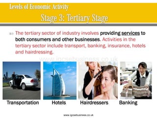 Transportation Hotels Hairdressers Banking
 The tertiary sector of industry involves providing services to
both consumers and other businesses. Activities in the
tertiary sector include transport, banking, insurance, hotels
and hairdressing.
www.igcsebusiness.co.uk
www.igcsebusiness.co.uk
 