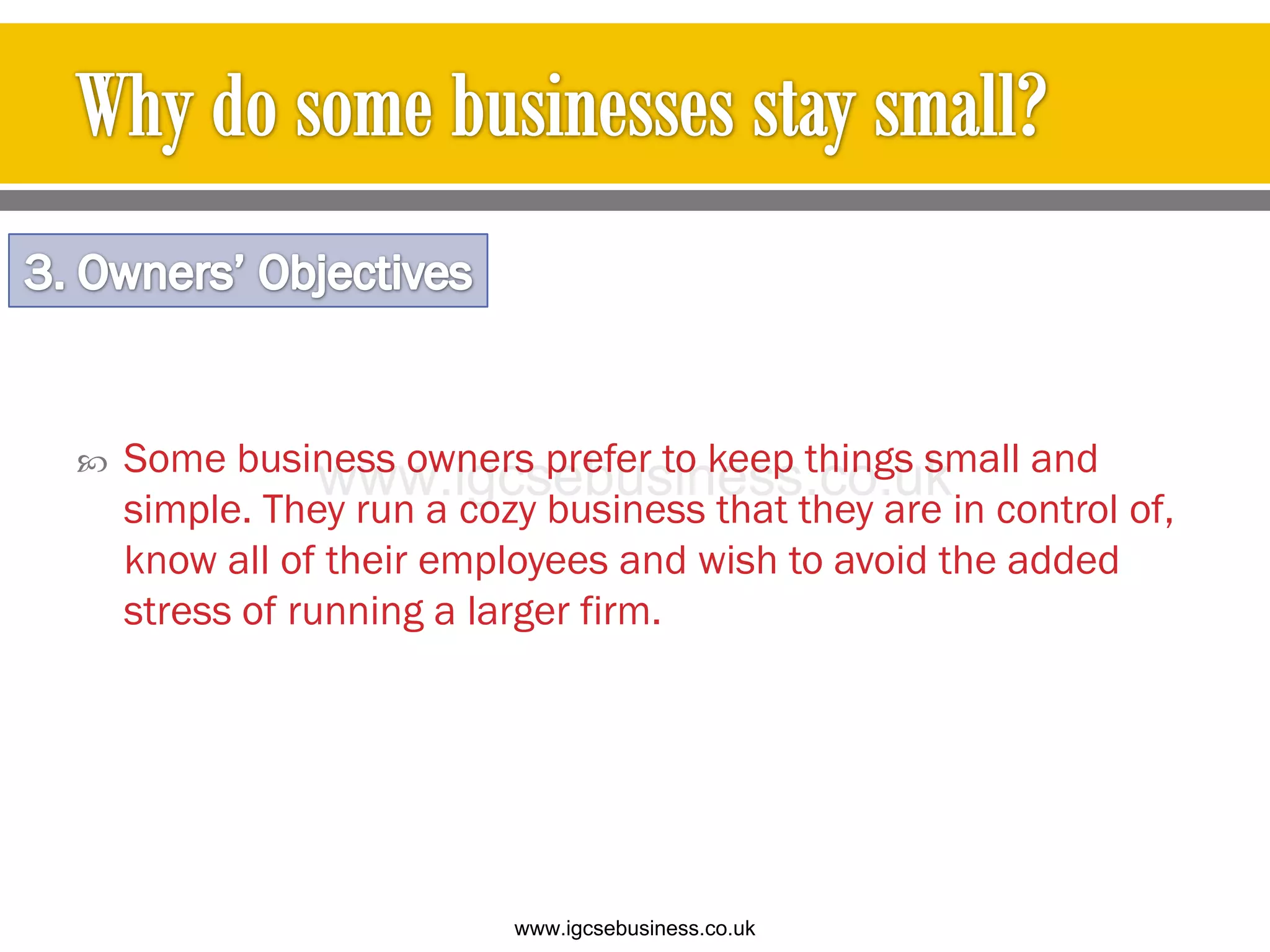  Some business owners prefer to keep things small and
simple. They run a cozy business that they are in control of,
know all of their employees and wish to avoid the added
stress of running a larger firm.
www.igcsebusiness.co.uk
www.igcsebusiness.co.uk
 