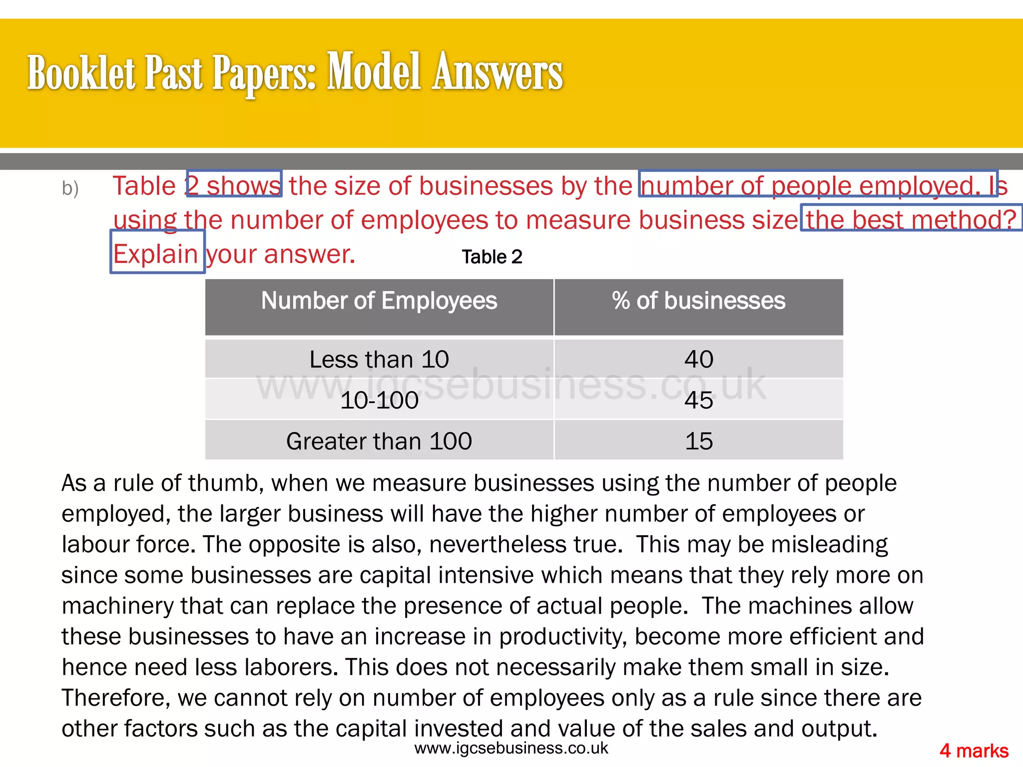b) Table 2 shows the size of businesses by the number of people employed. Is
using the number of employees to measure business size the best method?
Explain your answer.
4 marks
Table 2
Number of Employees % of businesses
Less than 10 40
10-100 45
Greater than 100 15
As a rule of thumb, when we measure businesses using the number of people
employed, the larger business will have the higher number of employees or
labour force. The opposite is also, nevertheless true. This may be misleading
since some businesses are capital intensive which means that they rely more on
machinery that can replace the presence of actual people. The machines allow
these businesses to have an increase in productivity, become more efficient and
hence need less laborers. This does not necessarily make them small in size.
Therefore, we cannot rely on number of employees only as a rule since there are
other factors such as the capital invested and value of the sales and output.
www.igcsebusiness.co.uk
www.igcsebusiness.co.uk
 