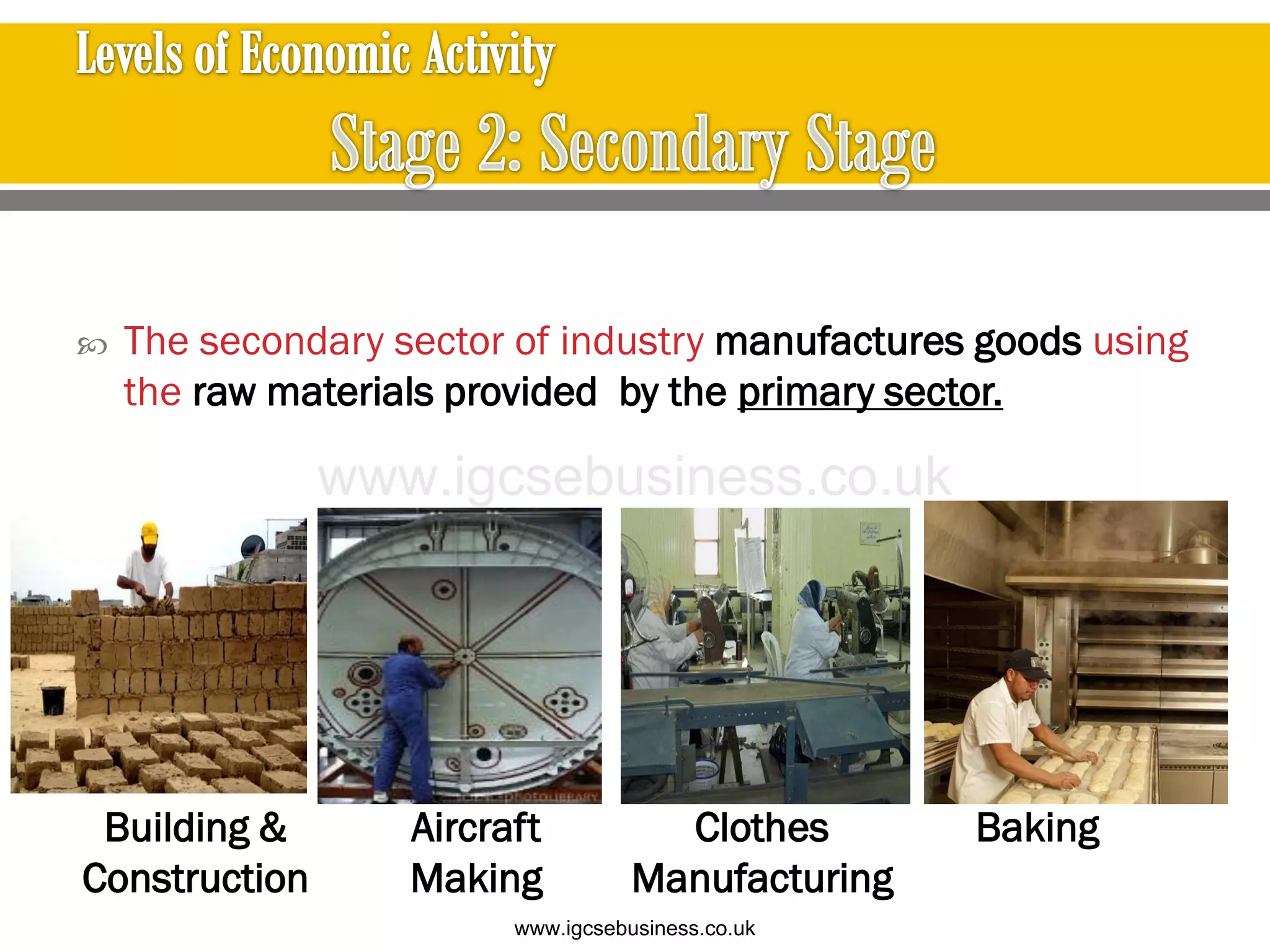 Building &
Construction
Aircraft
Making
Clothes
Manufacturing
Baking
 The secondary sector of industry manufactures goods using
the raw materials provided by the primary sector.
www.igcsebusiness.co.uk
www.igcsebusiness.co.uk
 