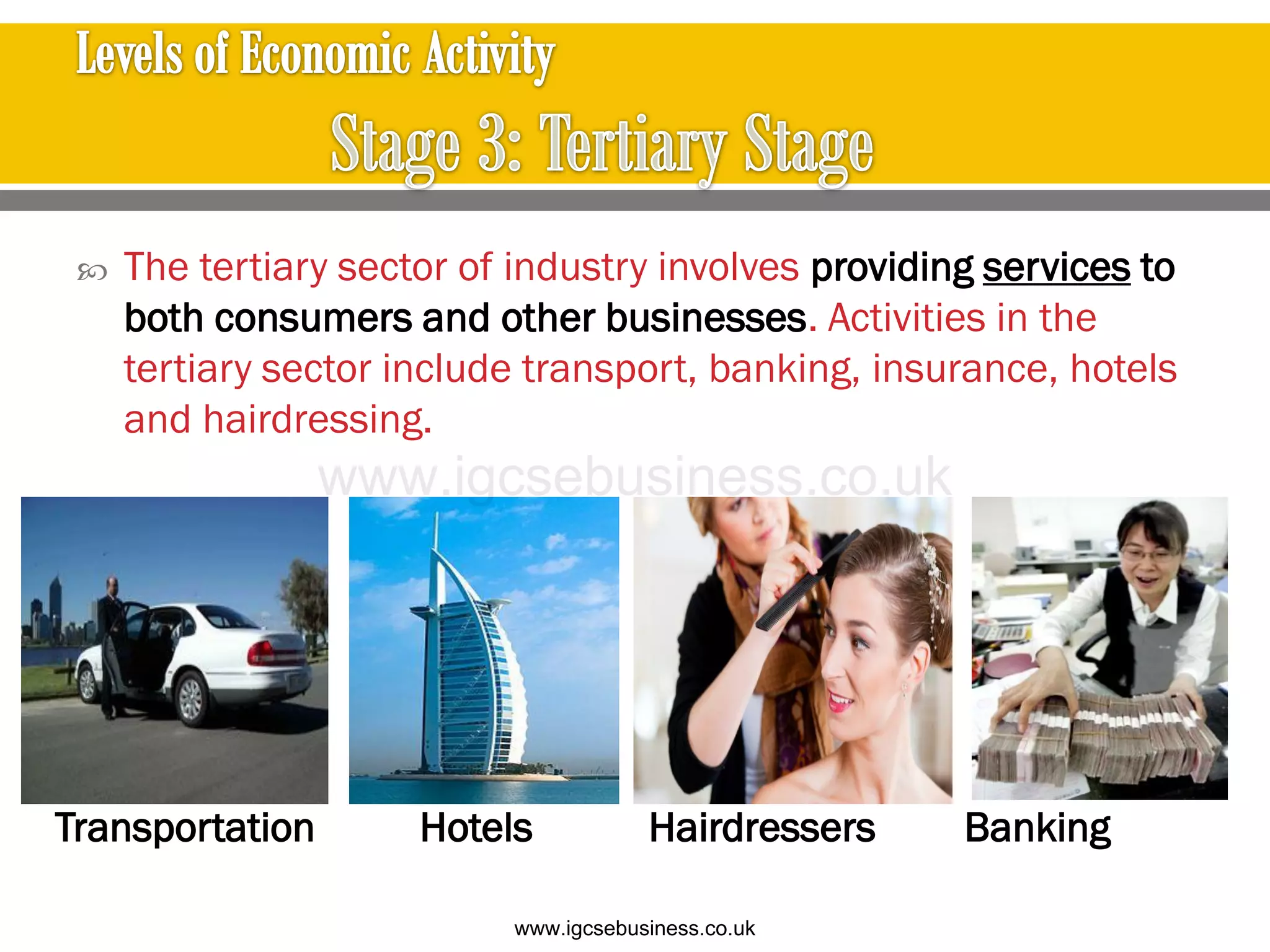 Transportation Hotels Hairdressers Banking
 The tertiary sector of industry involves providing services to
both consumers and other businesses. Activities in the
tertiary sector include transport, banking, insurance, hotels
and hairdressing.
www.igcsebusiness.co.uk
www.igcsebusiness.co.uk
 