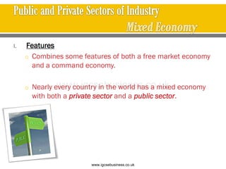 I. Features
o Combines some features of both a free market economy
and a command economy.
o Nearly every country in the world has a mixed economy
with both a private sector and a public sector.
www.igcsebusiness.co.uk
www.igcsebusiness.co.uk
 