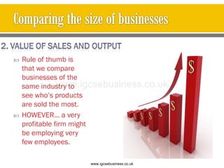  Rule of thumb is
that we compare
businesses of the
same industry to
see who’s products
are sold the most.
 HOWEVER… a very
profitable firm might
be employing very
few employees.
www.igcsebusiness.co.uk
www.igcsebusiness.co.uk
 