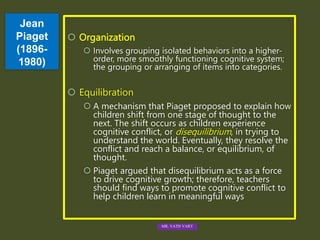 Jean
Piaget
(1896-
1980)
 Organization
 Involves grouping isolated behaviors into a higher-
order, more smoothly functioning cognitive system;
the grouping or arranging of items into categories.
 Equilibration
 A mechanism that Piaget proposed to explain how
children shift from one stage of thought to the
next. The shift occurs as children experience
cognitive conflict, or disequilibrium, in trying to
understand the world. Eventually, they resolve the
conflict and reach a balance, or equilibrium, of
thought.
 Piaget argued that disequilibrium acts as a force
to drive cognitive growth; therefore, teachers
should find ways to promote cognitive conflict to
help children learn in meaningful ways
MR. VATH VARY
 