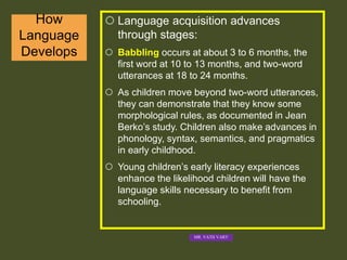 How
Language
Develops
 Language acquisition advances
through stages:
 Babbling occurs at about 3 to 6 months, the
first word at 10 to 13 months, and two-word
utterances at 18 to 24 months.
 As children move beyond two-word utterances,
they can demonstrate that they know some
morphological rules, as documented in Jean
Berko’s study. Children also make advances in
phonology, syntax, semantics, and pragmatics
in early childhood.
 Young children’s early literacy experiences
enhance the likelihood children will have the
language skills necessary to benefit from
schooling.
MR. VATH VARY
 
