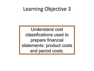 Learning Objective 3
Understand cost
classifications used to
prepare financial
statements: product costs
and period costs.
 