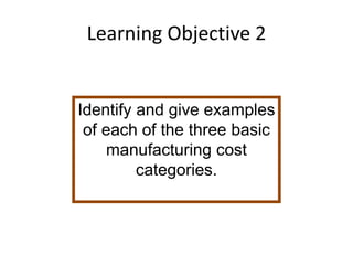Learning Objective 2
Identify and give examples
of each of the three basic
manufacturing cost
categories.
 