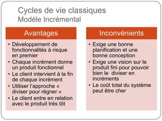 Cycles de vie classiques
    Modèle Incrémental
       Avantages                      Inconvénients
• Développement de                • Exige une bonne
  fonctionnalités à risque          planification et une
  en premier                        bonne conception
• Chaque incrément donne          • Exige une vision sur le
  un produit fonctionnel            produit fini pour pouvoir
• Le client intervient à la fin     bien le diviser en
  de chaque incrément               incréments
• Utiliser l’approche «           • Le coût total du système
  diviser pour régner »             peut être cher
• Le client entre en relation
  avec le produit très tôt
 