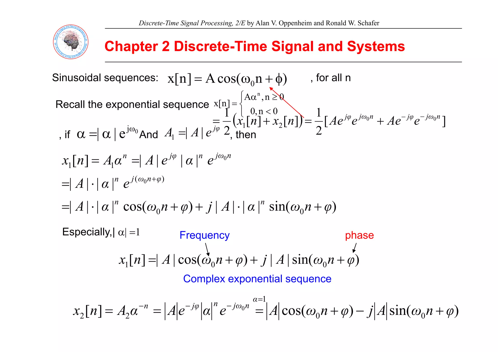 Discrete-Time Signal Processing, 2/E by Alan V. Oppenheim and Ronald W. Schafer
Chapter 2 Discrete
Chapter 2 Discrete-
-Time Signal and Systems
Time Signal and Systems
Sinusoidal sequences: )
n
cos(
A
]
n
[
x 0 φ
+
ω
= , for all n
⎧ ≥
α 0
n
A n
Recall the exponential sequence
⎩
⎨
⎧
<
≥
α
=
0
n
,
0
0
n
,
A
]
n
[
x
if 0
j
e
|
| ω
α
=
α And
φ
j
e
A
A |
|
1 = then
( ) ]
[
2
1
]
[
]
[
2
1 0
0
2
1
n
ω
j
φ
j
n
ω
j
φ
j
e
Ae
e
Ae
n
x
n
x −
−
+
=
+
=
, if e
|
| α
α And e
A
A |
|
1 , then
|
|
|
|
]
[
)
(
1
1
0
e
α
e
A
α
A
n
x n
ω
j
n
φ
j
n
=
=
)
sin(
|
|
|
|
)
cos(
|
|
|
|
|
|
|
|
0
0
)
( 0
φ
n
ω
α
A
j
φ
n
ω
α
A
e
α
A
n
n
φ
n
ω
j
n
+
⋅
+
+
⋅
=
⋅
= +
Especially,| α| =1
)
i (
|
|
)
(
|
|
]
[ A
j
A
Frequency phase
)
sin(
|
|
)
cos(
|
|
]
[ 0
0
1 φ
n
ω
A
j
φ
n
ω
A
n
x +
+
+
=
Complex exponential sequence
)
sin(
)
cos(
]
[ 0
0
1
2
2
0
φ
n
ω
A
j
φ
n
ω
A
e
α
e
A
α
A
n
x
α
n
ω
j
n
φ
j
n
+
−
+
=
=
=
=
−
−
−
 